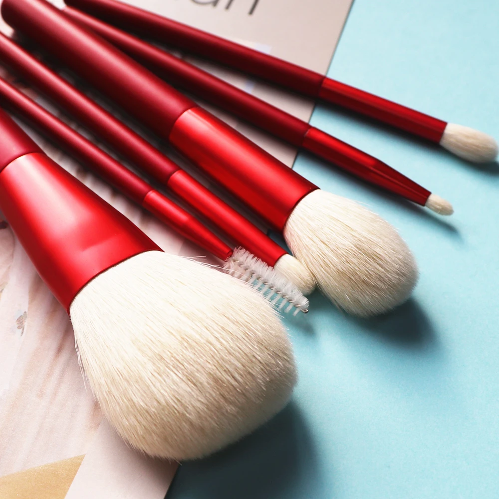 High Quality 6Pcs Natural Goat Hair Makeup Brush Set With Pouch & Air Puff Red Beauty Blending Powder Brush Eye Brush Kits