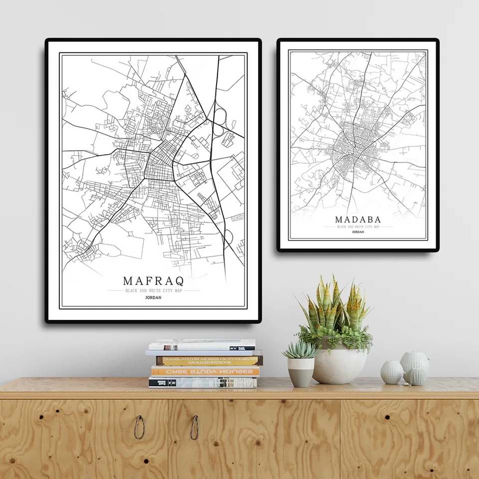 Jordan Black and White City Map Poster Nordic Living Room Amman Zarqa Irbid Wall Art  Home Decor Canvas Painting Creative gift