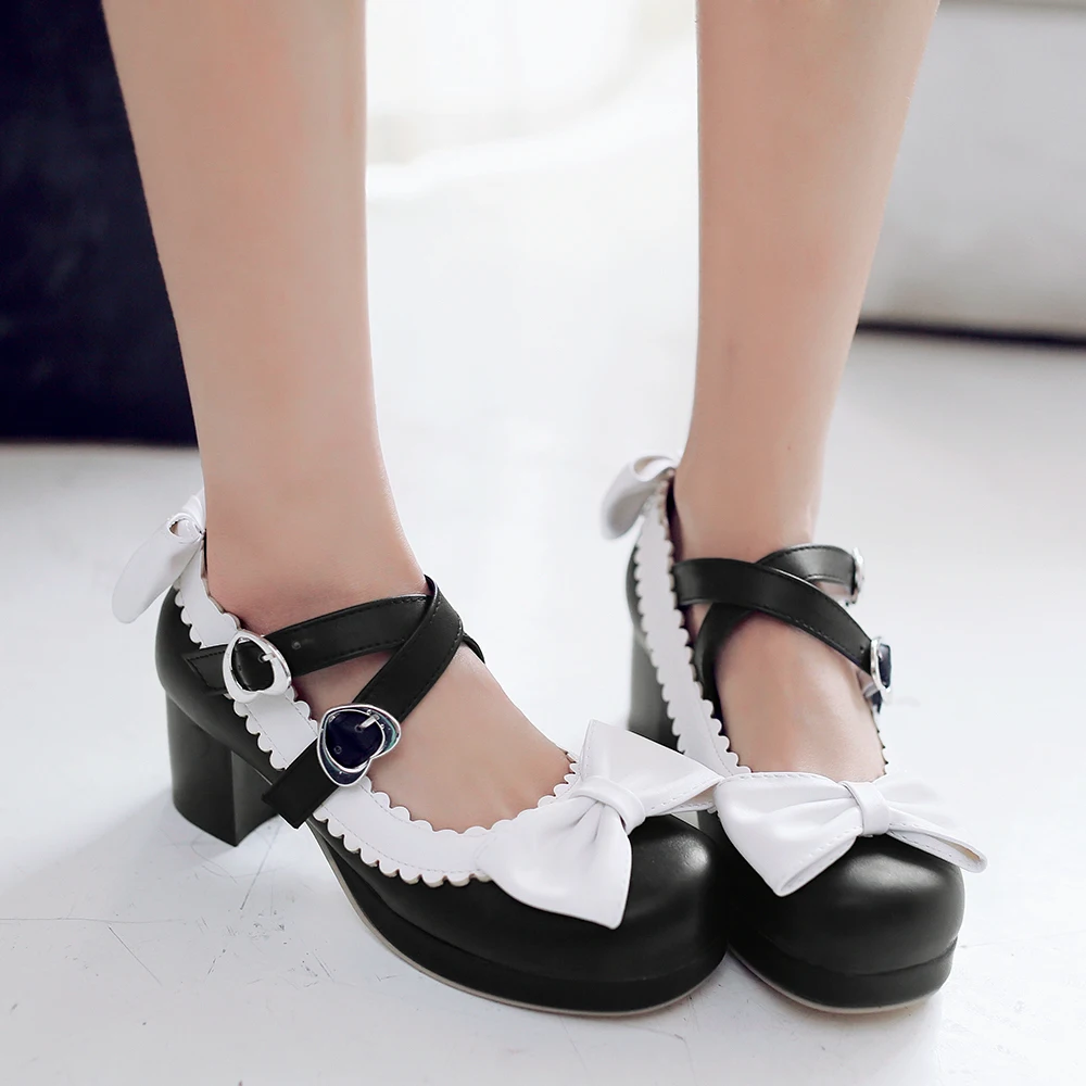 Décolleté per ragazze scarpe Lolita donna Cosplay piattaforma per feste tacco alto scarpe Mary Janes rosa con nodo a farfalla più grandi dimensioni