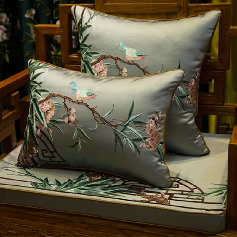 DUNXDECO Poszewka na poduszkę Dekoracyjna poszewka na poduszkę Nowoczesny chiński tradycyjny ptak Flora Luksusowy haft Coussin Sofa Krzesło Wystrój