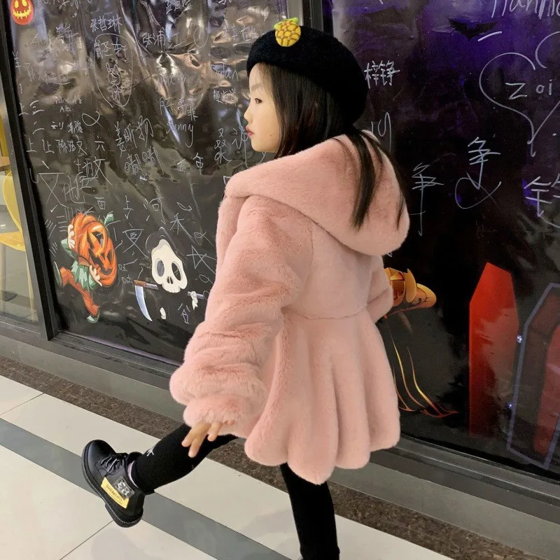 New Autumn Winter Plush Girls’ Hooded Coat Real Rabbit Fur Jackets Warm Kids Clothing Teenage Children Thicken Outerwear  Tops