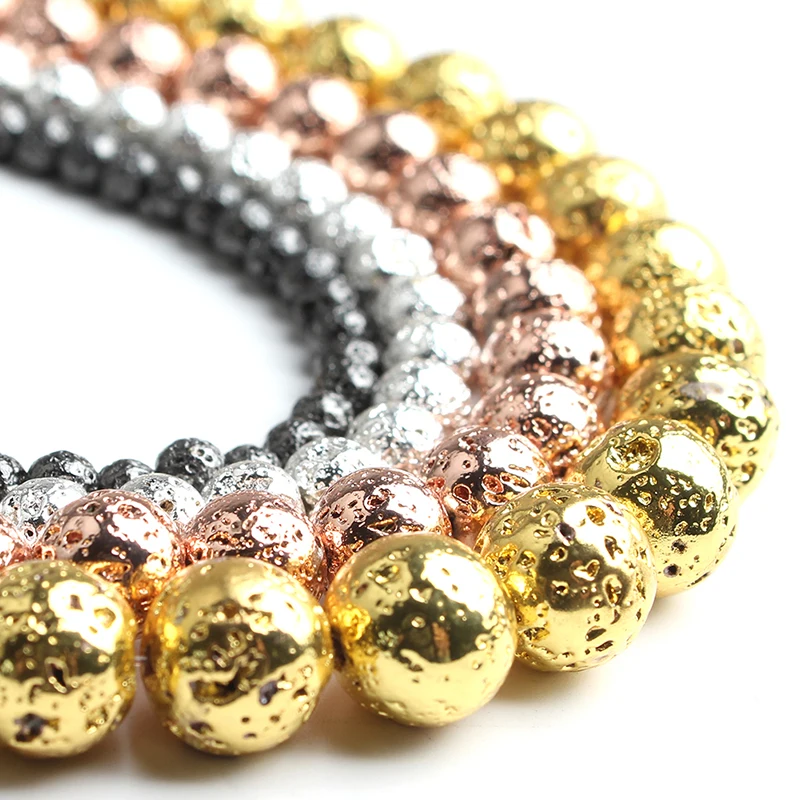Rose Gold Silver Color Natural Lava Stone Round Hematite Beads for Needlework Jewelry Making Bracelet Necklace Accessories 15\'\'
