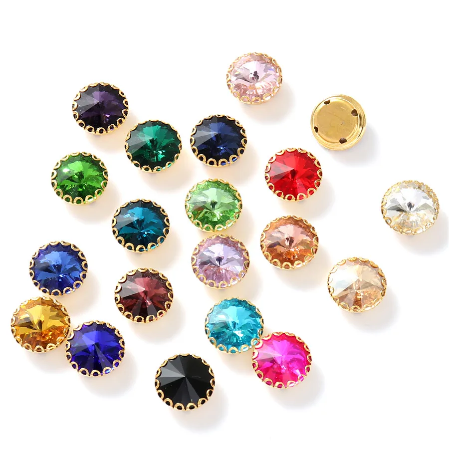 New 6 Sizes Round Shape Glass Sew On Gemstones With Golden Base Crystal Sewing Rhinestones for Clothes Shoes Needlework