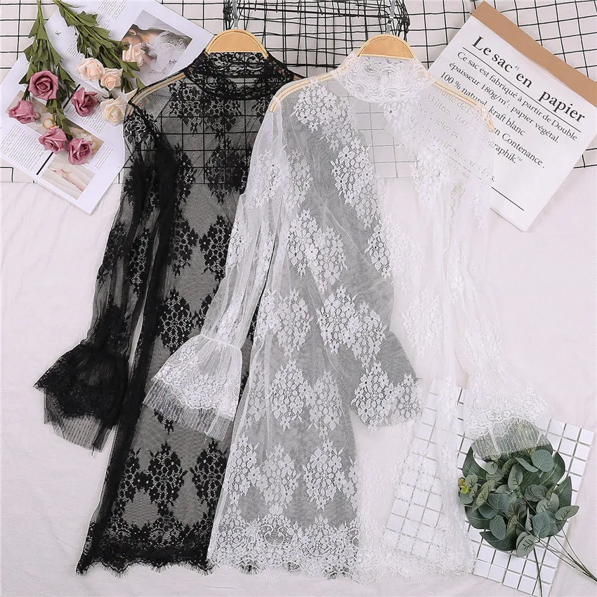 2019 Nieuwe Mode Herfst Vrouwen Hollow Out Lace Blouses Coltrui Mesh Shirts All-Match Lady Tops Truien Korte Bottomings 907