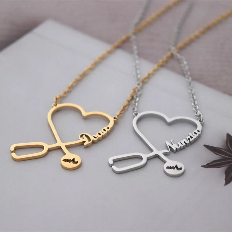 Nurse Doctor Gift Custom Name Necklace Gold Ketting Personalized Nameplate Heart Necklaces Stainless Steel Jewelry Medical