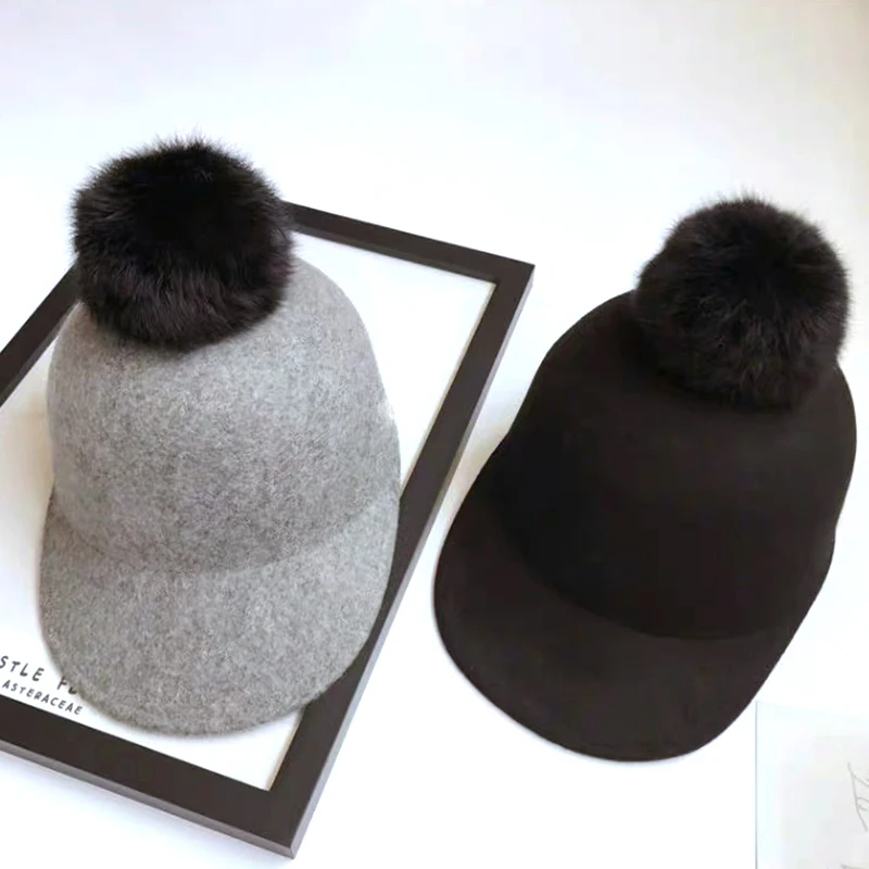 New Winter Keep warm Wool Felt Hats Women Wool Fedoras Hat Retro Equestrian Knight Caps Female Rabbit Fur Ball Baseball Cap