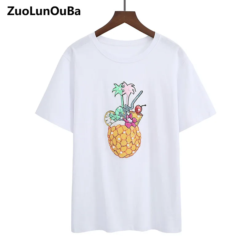 

Summer Korean Version Of The Heavy Industry T-shirt Female Sequined Loose White Half-sleeved T-shirt Cartoon Casual Ladies Tops