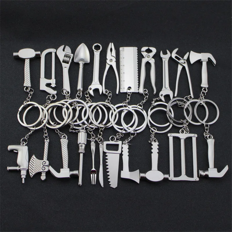 5pcs/Lot Tools Keychains Spanner,Hammer,Saw,Axe,Wrench,Electrodrill,Scissors Alloy Pendants with Chains useful Key chains