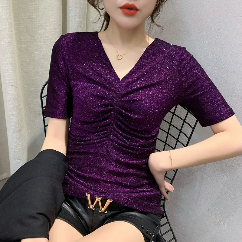 Summer European Clothes T-shirt Fashion Sexy Shiny Diamonds Drape Women Tops Pullover Shirt Cotton Tees New 2021 T06414