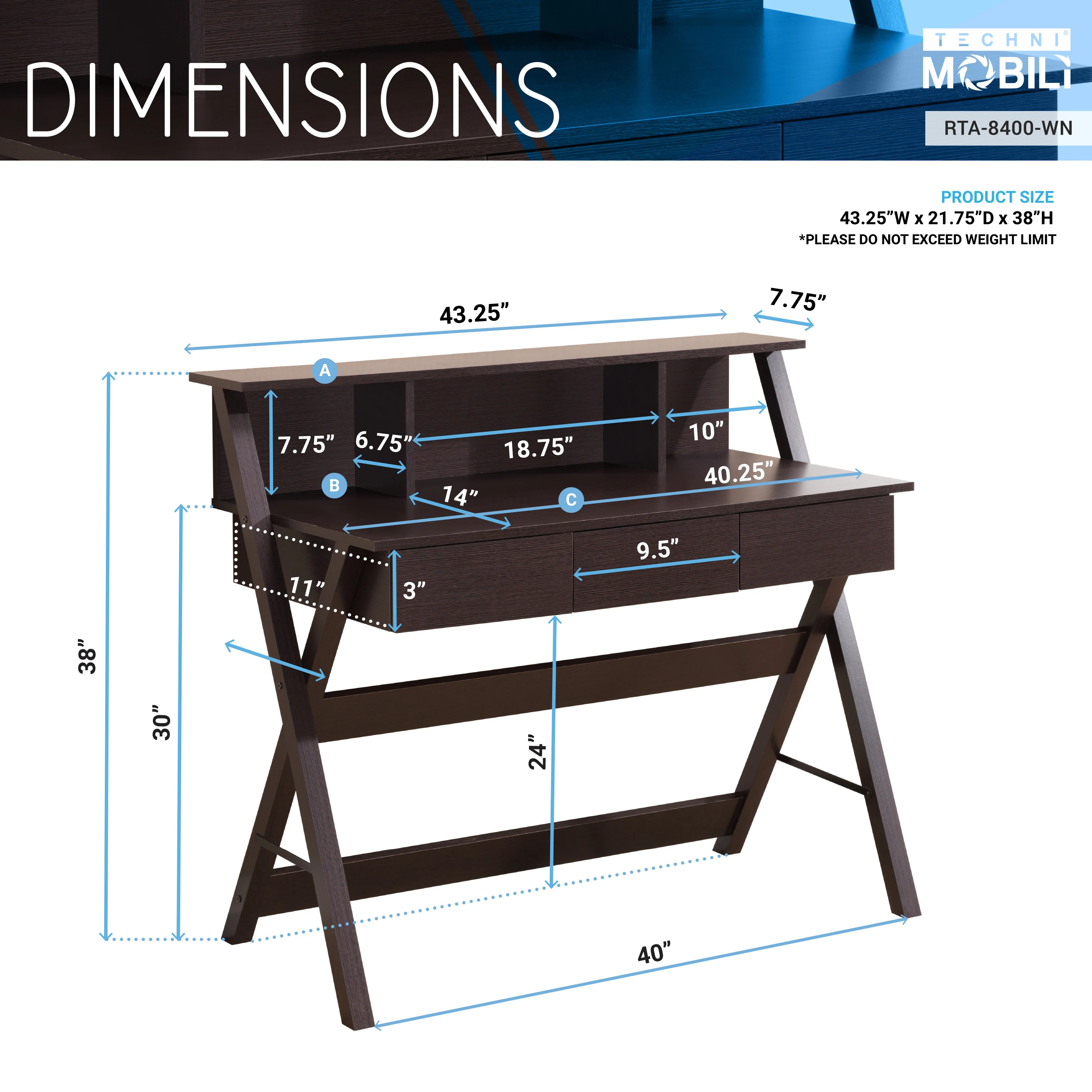 Writing Desk Table 43x22x38Inch Laptop Computer Desk with 3-Drawer&Storage Shelf Brown[US-W]