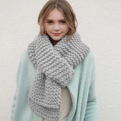 2021 New Coarse Wool Handmade Scarf Female Winter Thickened Solid Color Student Couple Knitted Girl Warm Scarf Gray