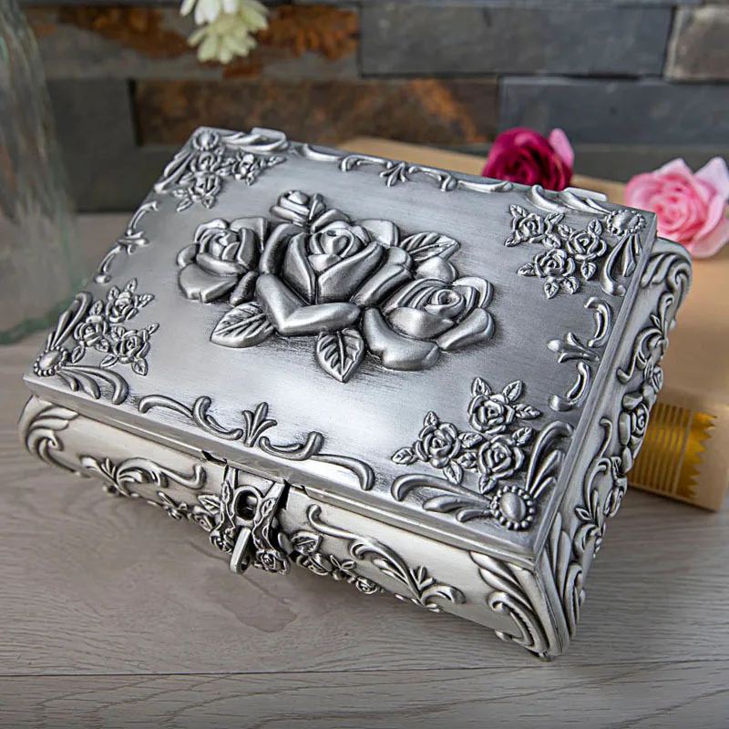 European alloy metal Vintage M/L size Jewellery Case Jewelry Box Metal trinket box Carved Flower Rose Square Shapsd Z035