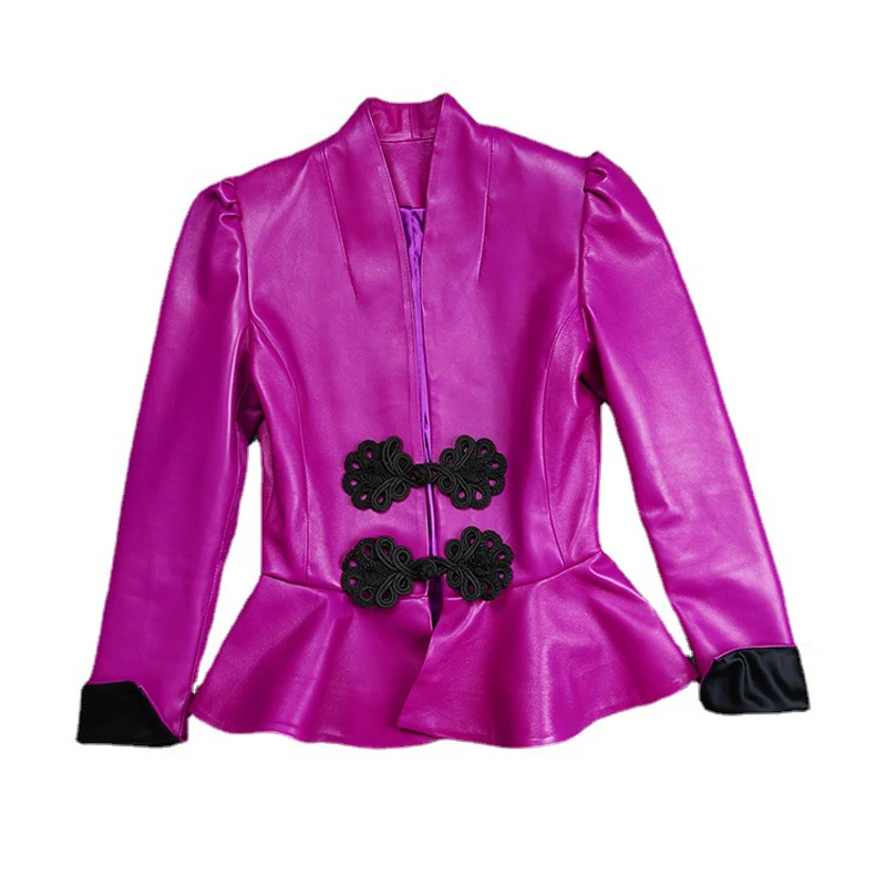 Chaqueta de cuero genuino para Mujer, abrigo con dobladillo de encaje Delgado, hebilla de disco de ganchillo, contraste de Color, estilo Retro chino, Moda 2023