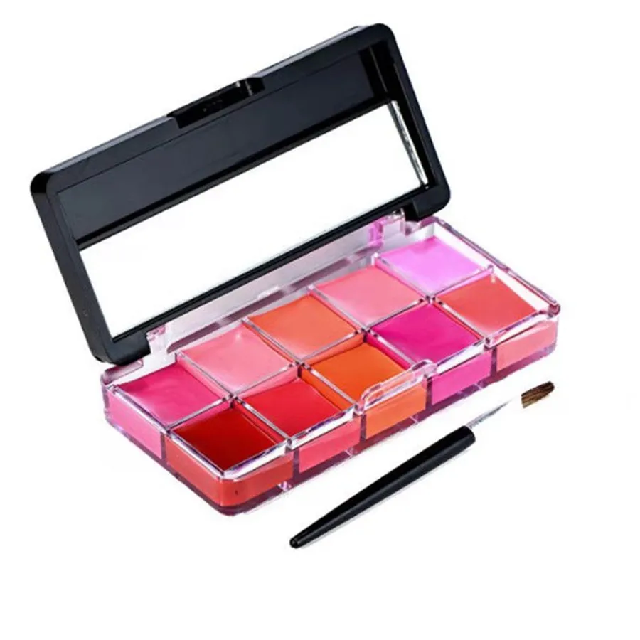 10Colors Lip Gloss Palette Comestic Plate With Brush Long Lasting Makeup Glitter Moisture Lipstick