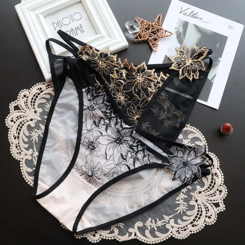 Cross Hollow Out Belt Lady thong Embroidered Lace Women's Underwear  Transparent Mesh Panties Wrap Buttocks Female Briefs image 4
