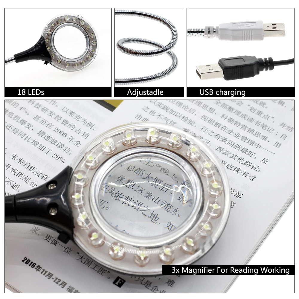 18 LEDs USB / USB Clip Flexible Desk Lamp DC5V With Magnifier For Reading Working Lighting