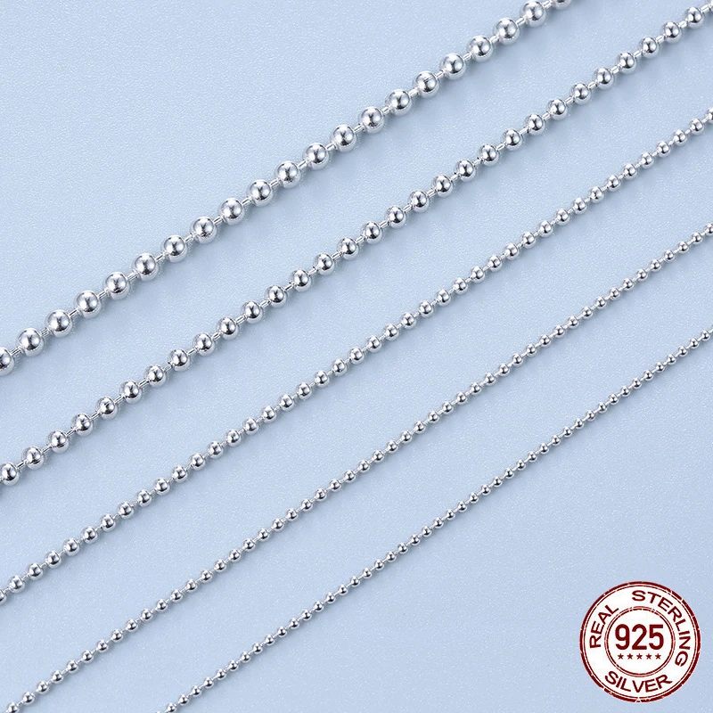 Pure 925 Sterling Silver Chain Necklace for Women,S925 1mm - 2mm Ball Beads Collar De Cadena De Plata 40cm-50cm Long DIY Jewelry