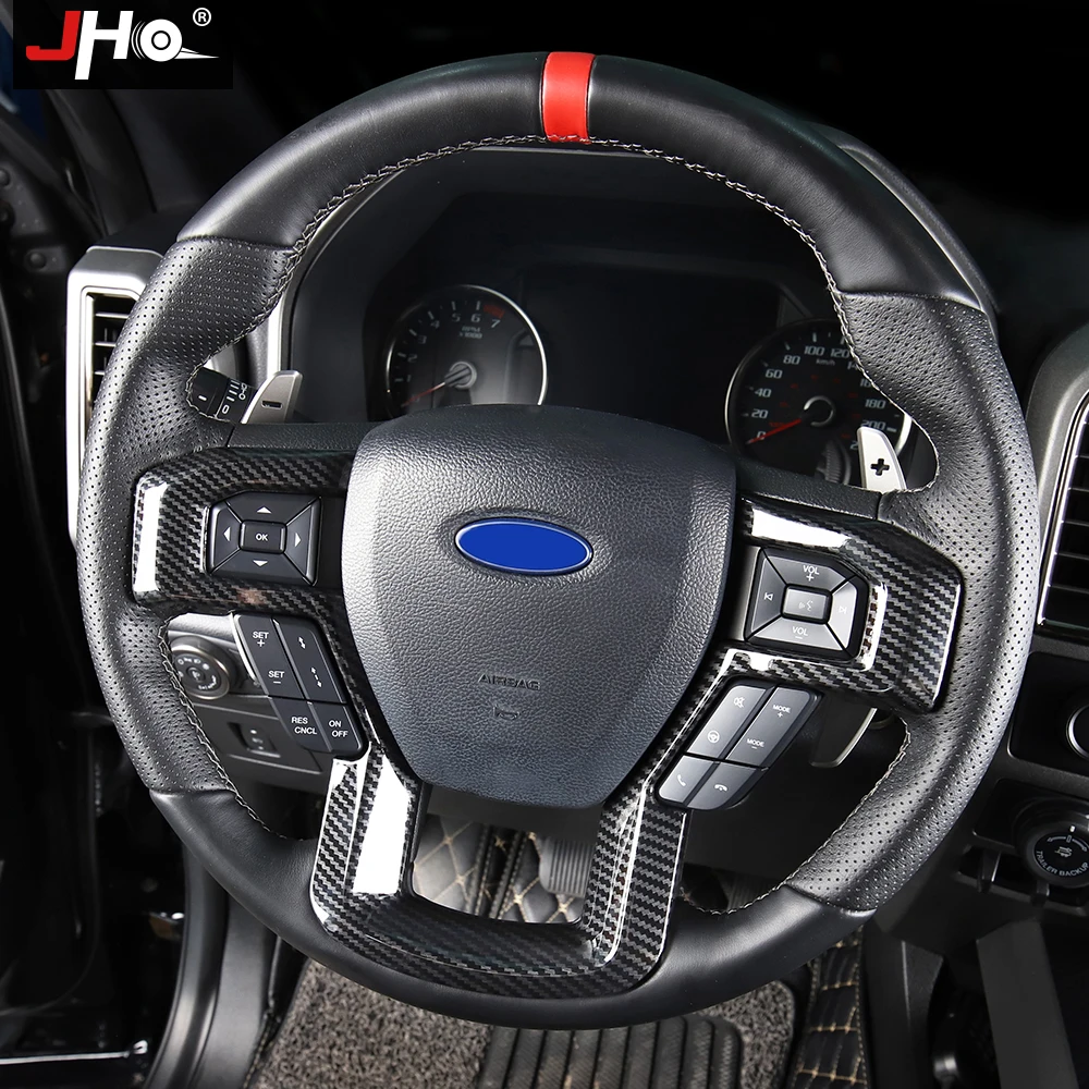 JHO Interior Accessories ABS Carbon Fiber Grain Steering Wheel Cover Trim For Ford F150 2017-2019 Raptor XLT Limited Platinum