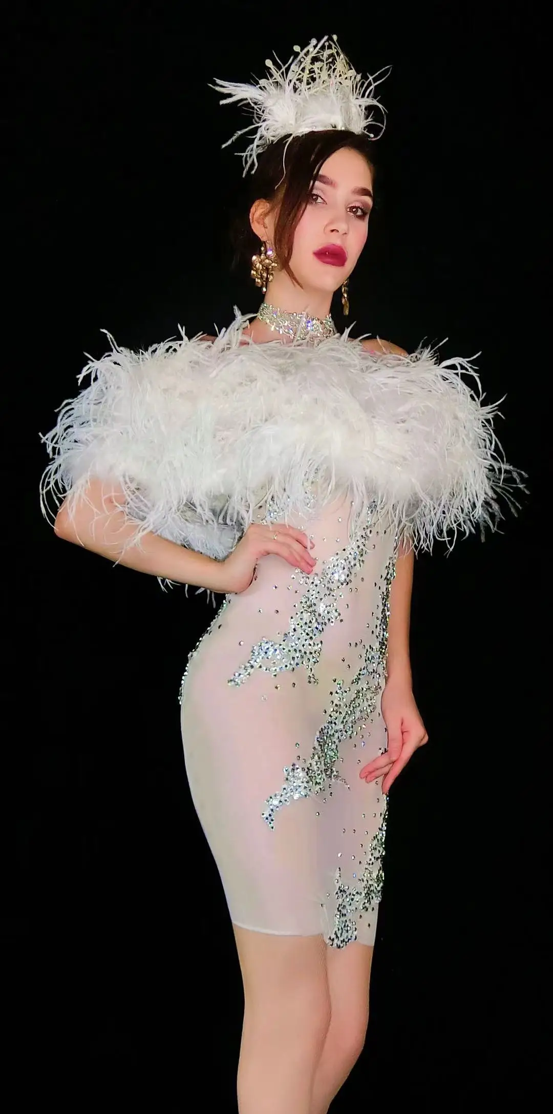 Perspective White Feather Dresses sparkly sexy women stage show costume dj gogo singer party dress