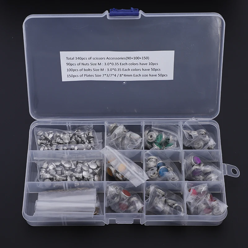 340pcs/box Hair Scissors Screws Nuts Bolts Metal Washers Plates Muti-sizes Scissors Repair kits accessories