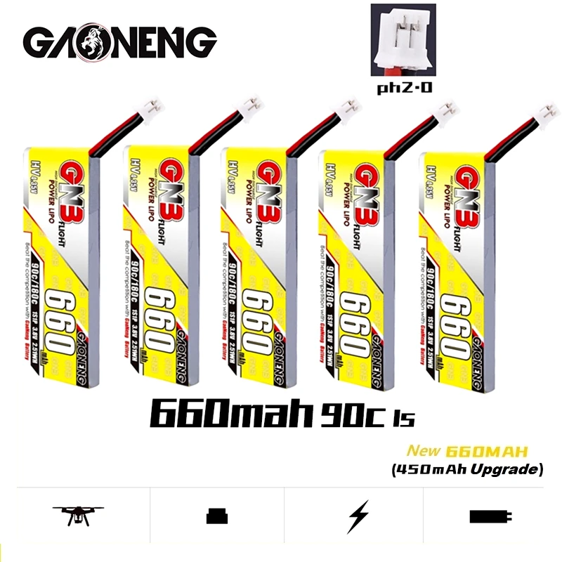 Gaoneng-batería Lipo con enchufe PH2.0 para Emax Tinyhawk King Kong Ldarc TINY7, 1-10 piezas, GNB, 660mAh, 3,8 V, 1S, 90C/180C, HV, 4,35 V