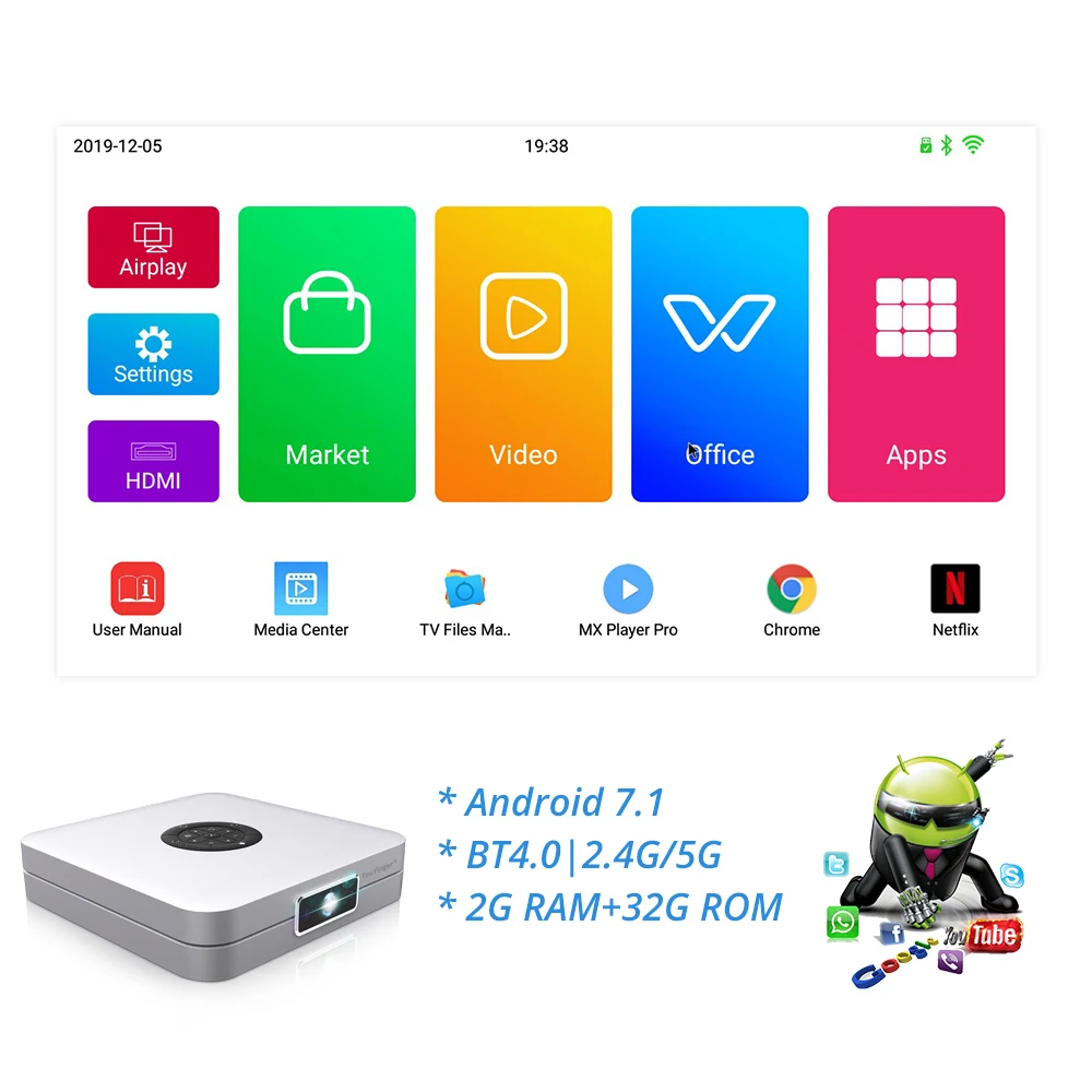 New K2 DLP Bluetooth Smart Android projector Wifi support FULL HD Video Mirroring 2GB RAM 32GB ROM home cinema movie 3D