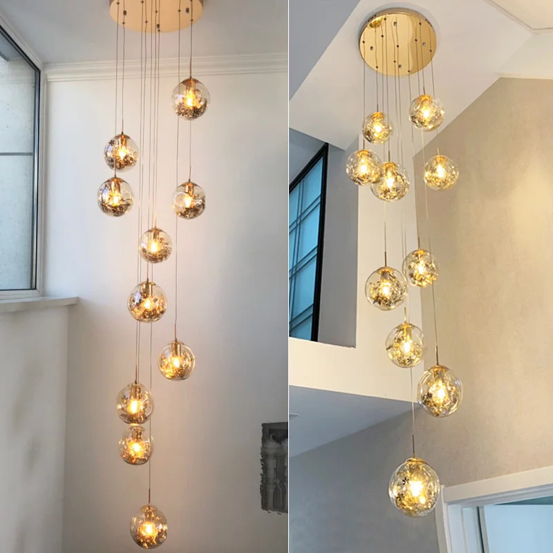 

Modern Led glass ball stair lighting spiral stairwell Chandelier ceiling fixtures hotel Villa Living Room lamp E27 led lustres