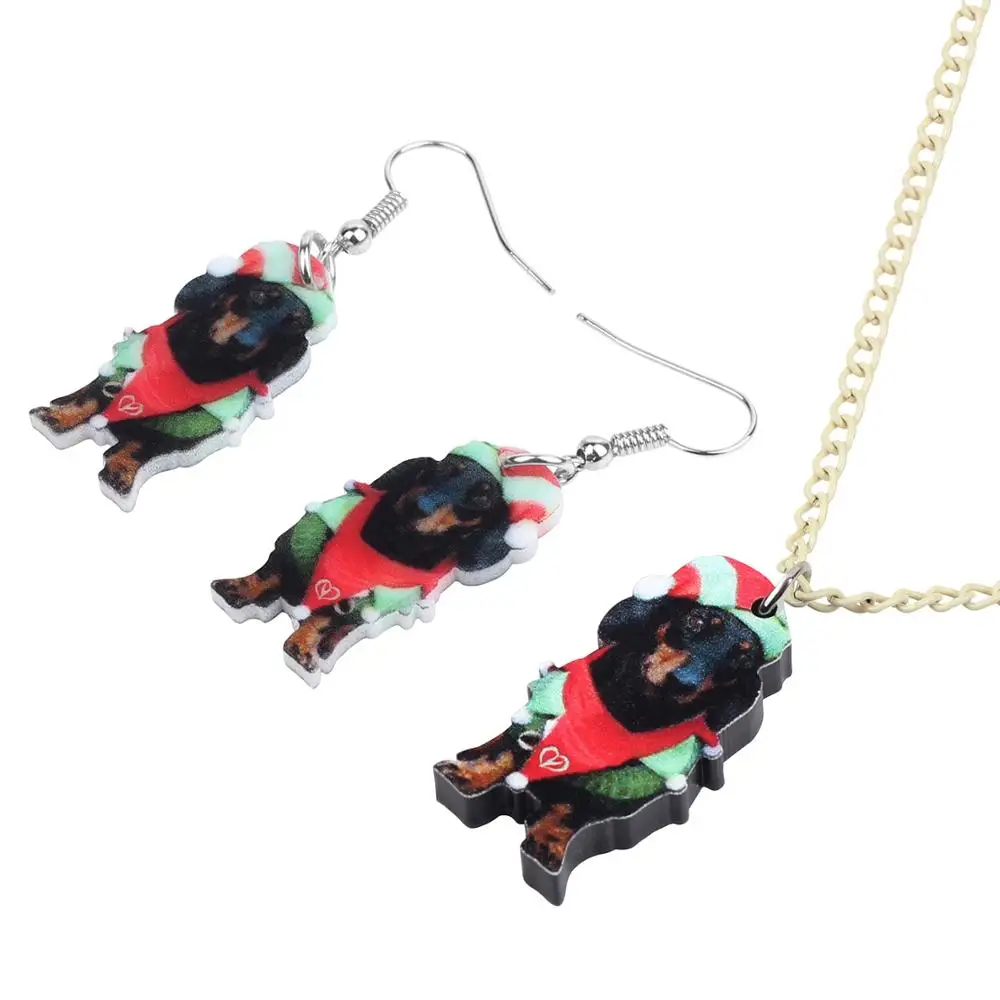 Bonsny Acrylic Christmas Black Dachshund Dog Jewelry Sets Necklace Earrings Animal Jewelry For Women Girls Teens Kids Charm Gift