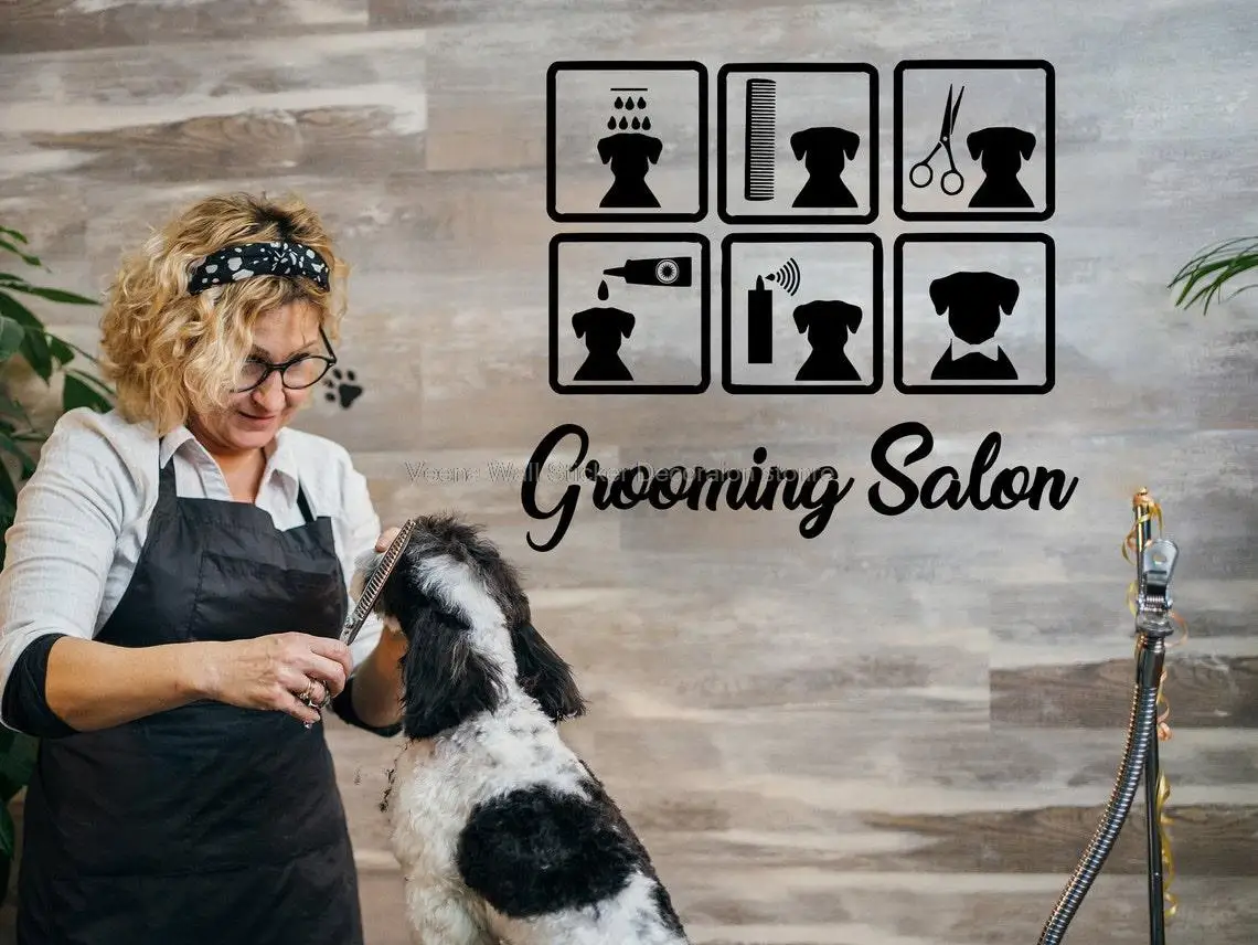 Pet Dog Grooming Salon Vinyl Wall Decal Animal Dog Pet Shop Decal Store Front Signboard Door Window Decoration Poster Mural  CW2