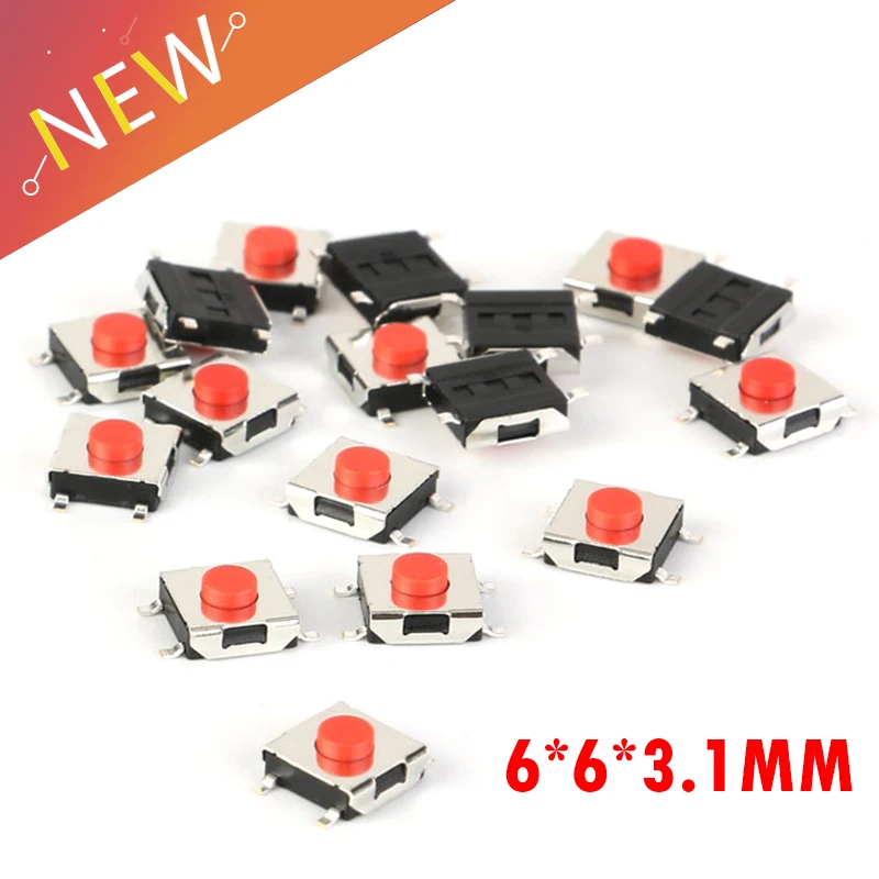 100PCS/LOT 6*6*3.1 mm SMD Switch 4 Pin Touch Micro Switch Push Button Switches Red SMD Tact Switch