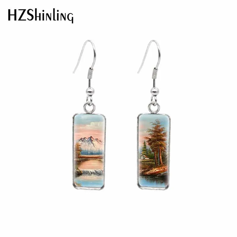 2021 New Mountain Valley Scenery Rectangular Earring Art Painting Fish Hook Earrings Glass Cabochon Handmade Jewelry