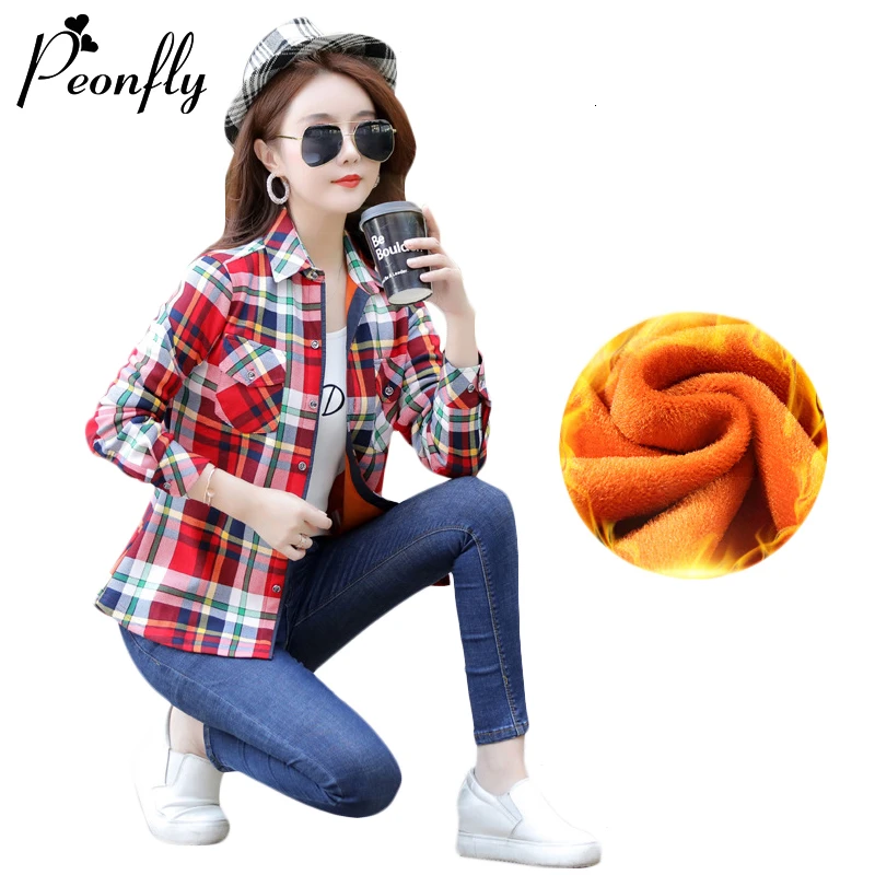 PEONFLY Big Size Velvet Thick Warm Women Plaid Shirt Female Long Sleeve Tops 2023 Autumn Winter Casual Blouse Femme