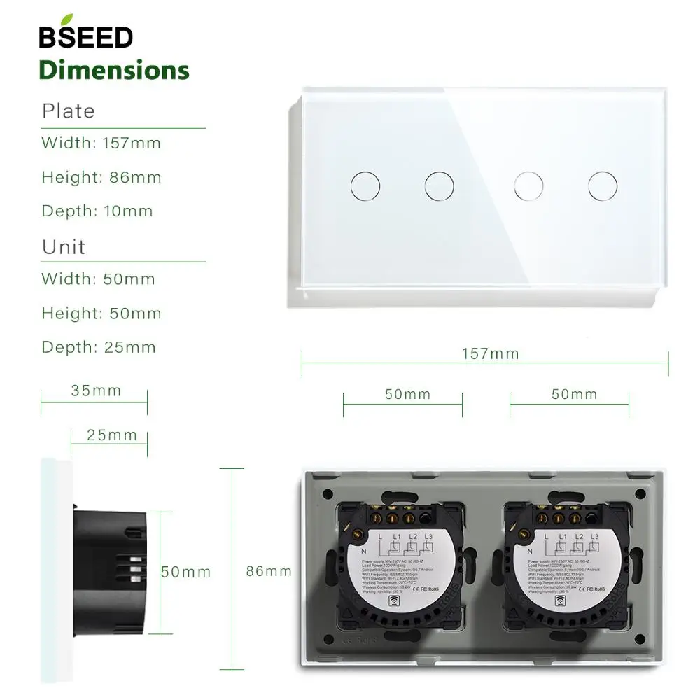 Bseed EU Wifi Touch Switch 4 Gang Light Switch Crystal Led Panel Smart Wall Switch gadget per la casa Alexa APP Control