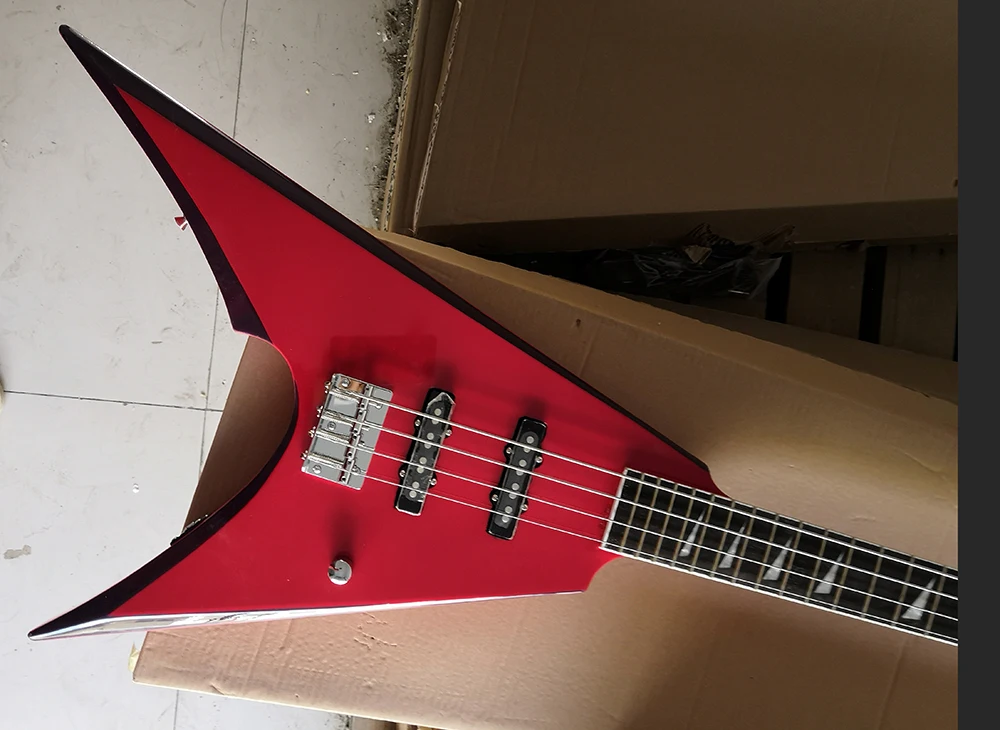 4 Strings Red V Shaped Electric Bass Guitar with Rosewood Fretboard,24 Frets