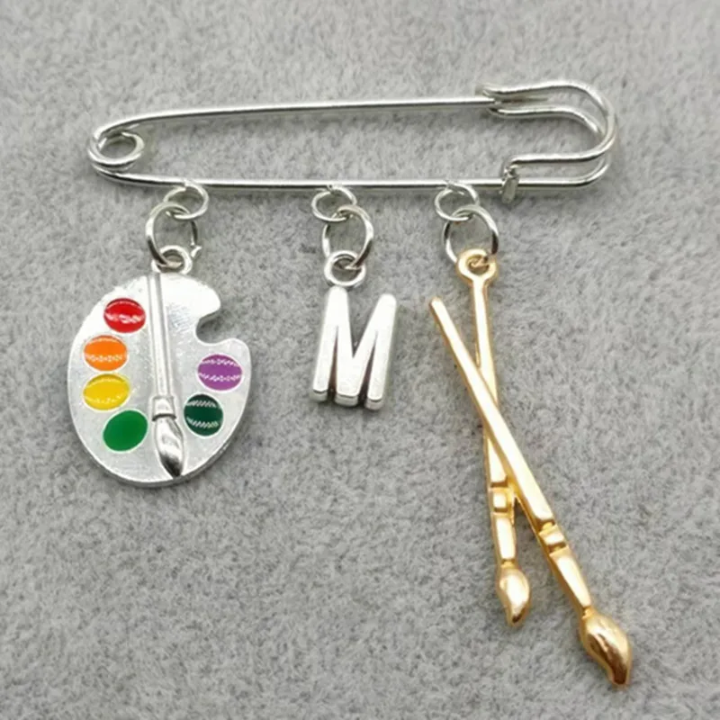 New A-Z Letter Painter Tools-Palette Brooch and Paintbrush Fashion Pendant DIY Brooch