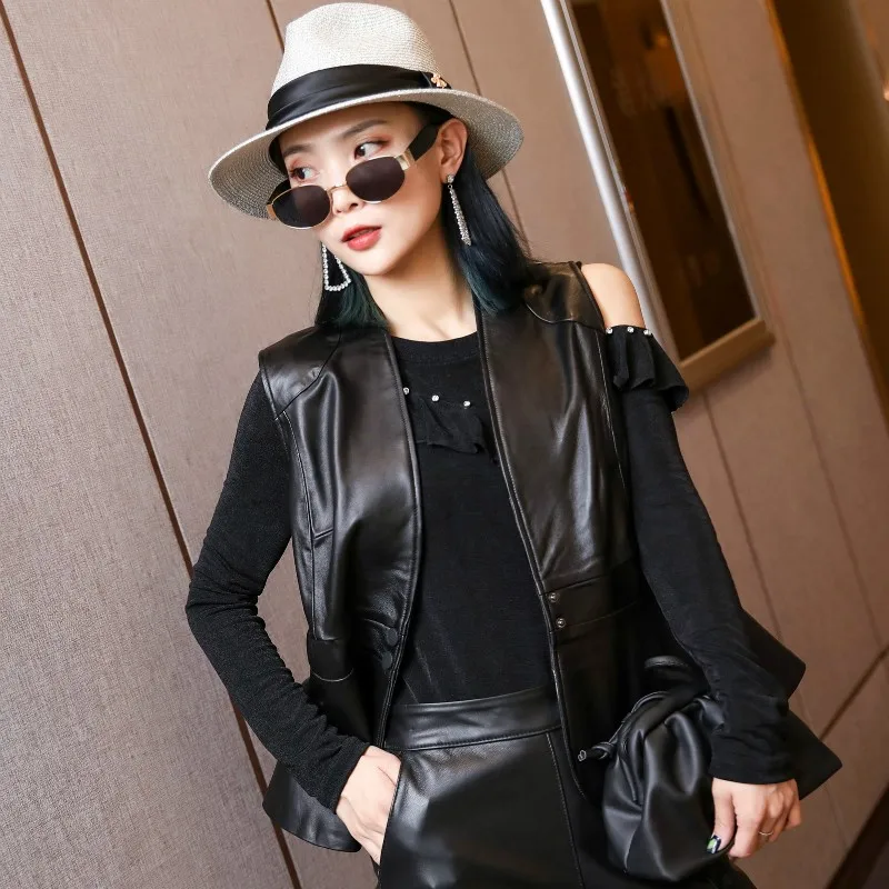 Women Sheepskin Vest Jackets V Neck Slim Fit Sleeveless Waistcoat Streetwear Female Black Single Breasted Genuine Leather Vests