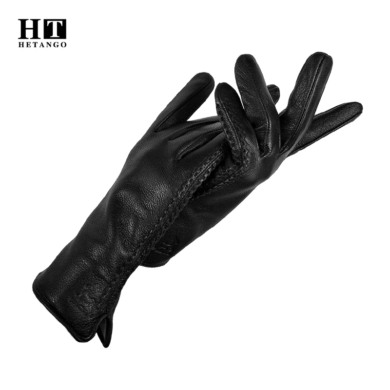 

New winter women's leather gloves fashion keep warm soft cold mittens ladies deerskin wool lining high-quality short gloves