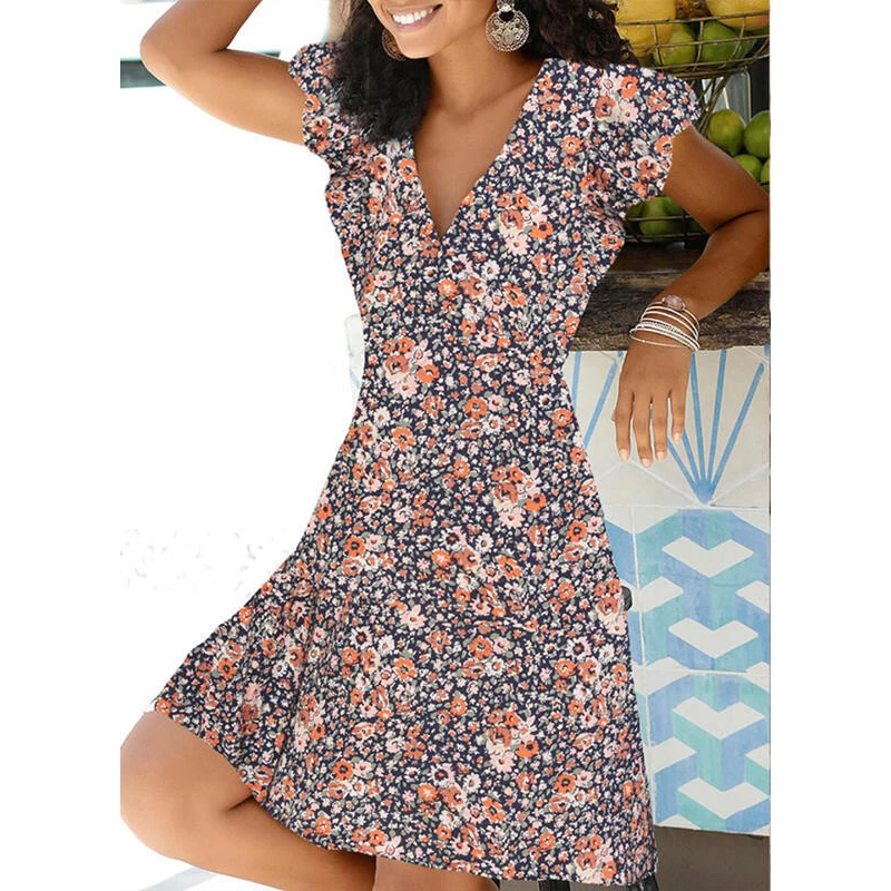 2021 Spring Summer Vintage Party Dress V Neck Elegant Sexy Dress Boho Beach Female Floral Print Dresses For Women Clothes