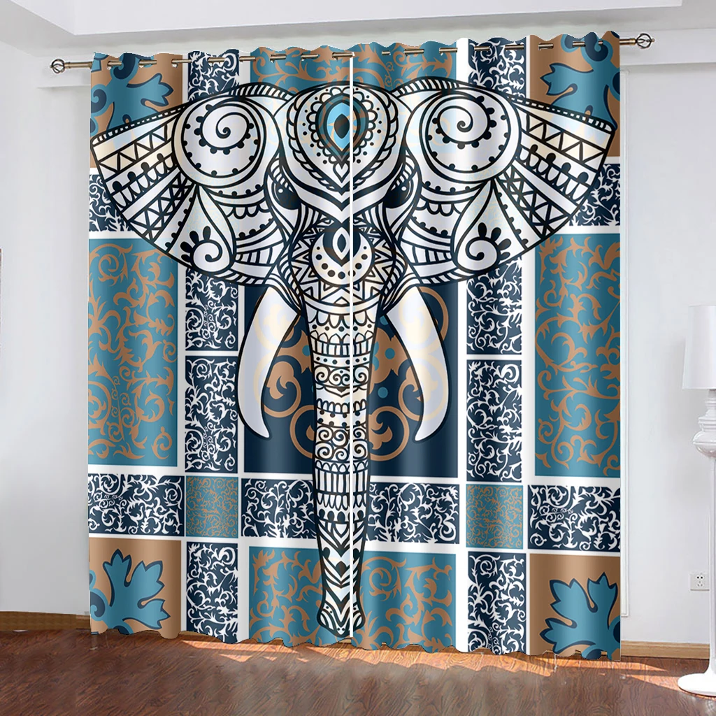 

Bohemian Elephant Printed Woven Curtains Two Independent Curtains on The Left and Right Blackout Curtains for Bedrooms