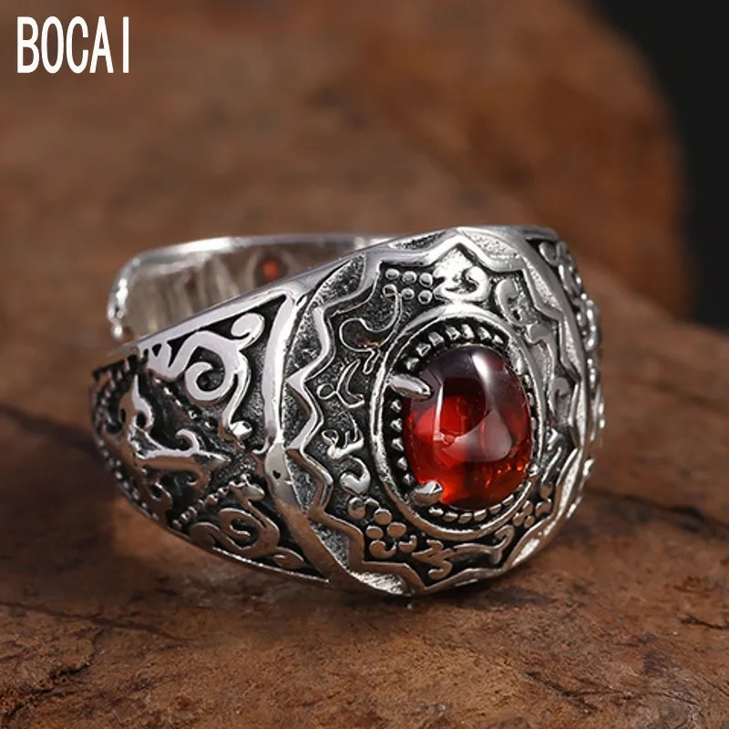 

2022 New 100% real S990 sterling silver jewelry garnet men's silver ring Thai silver retro hipster fashion ring for man