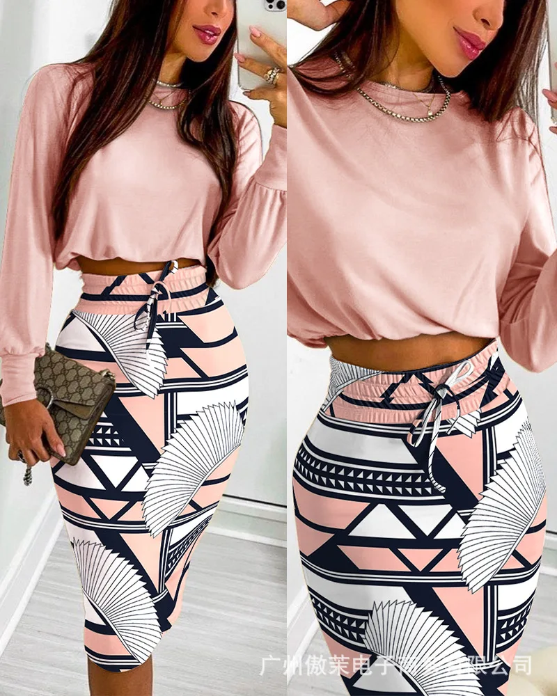 

Women's printed skirt and long skirt set summer short skirt long sleeve women's top printed casual set sweet and elegant set