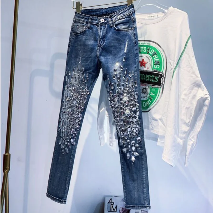 fashion Vintage Women Luxury Embroidered Flares Diamond Denim Jeans Women Beaded Skinny Pencil