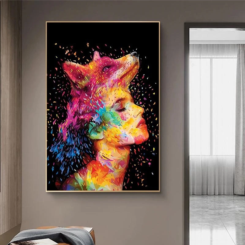 

Modern Graffiti Art Girl with Fox on Head Abstract Canvas Paintings On the Wall Art Posters And Prints Nordic Art Pictures Decor