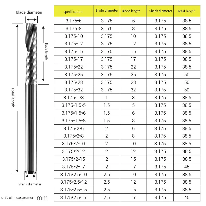 Cortador de fresado de un solo Borde de 3.175mm, herramienta de grabado de ordenador de un solo Borde de PVC Acrílico