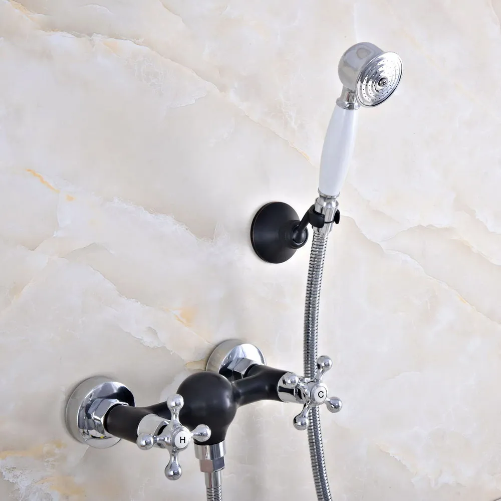 

Black Oil Rubbed & Silver Chrome Brass Wall Mount Bathtub Faucet with Handheld Shower Set +1.5M Hose Mixer Tap 2na642
