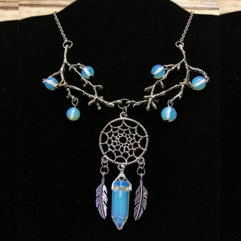 Dream Catcher Branch Twig Necklace Opalite Crystal Beads Silver Pendant Feather
