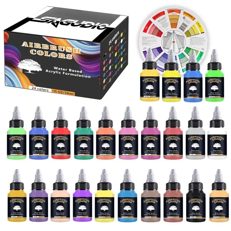 Airbrush Acrylic Paint 24x30ML/Bottle Sets for Wall & Car Model Coloring DIY Shoes Fluorescent Inks and Nails Art Pigments