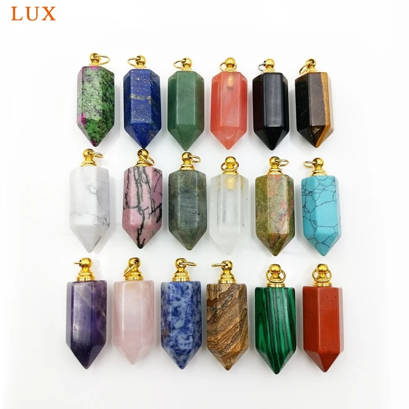 Natural Gemstone Hexagon Prism Pendants, Pointed Bottle Pendant, Chakra Crystal Labradorite Perfume Bottle Vials Pendant