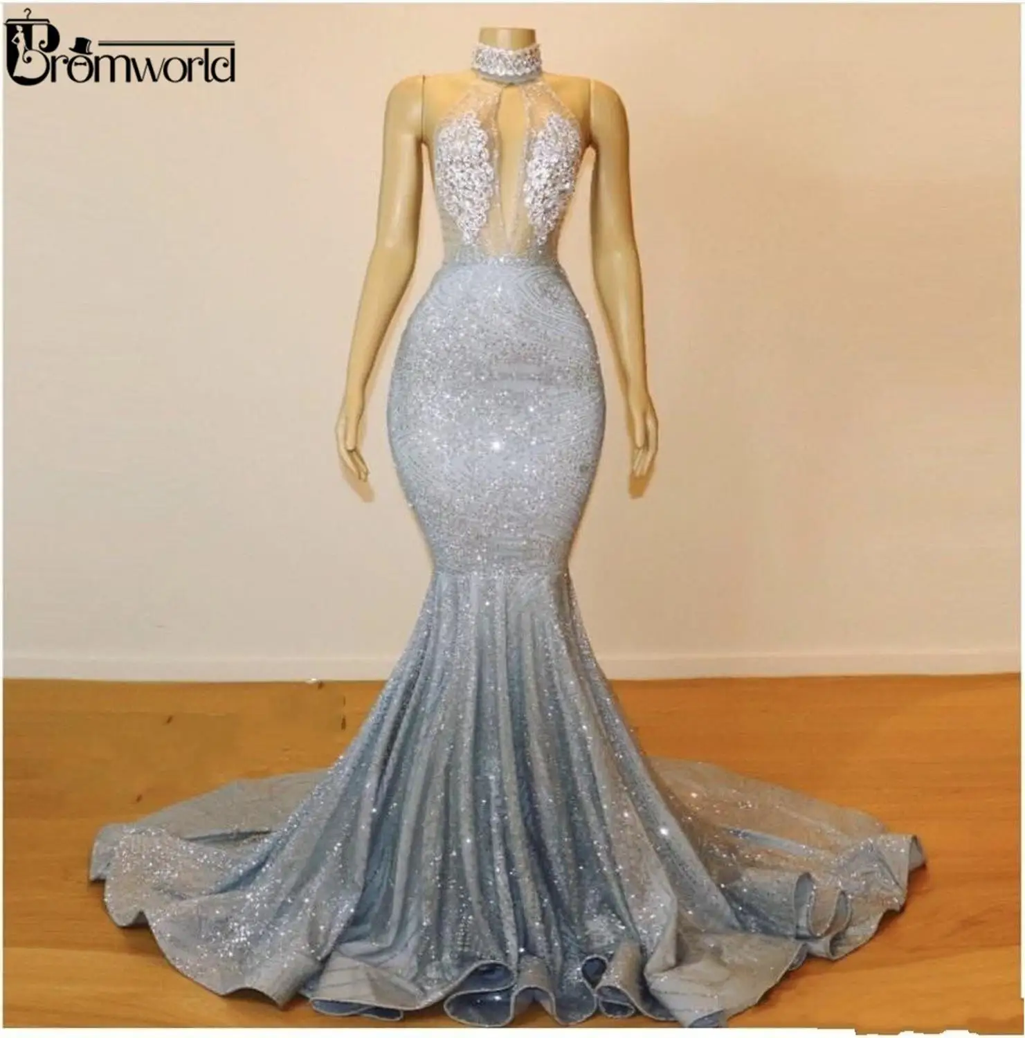 Bling Silver Mermaid Prom Dresses Long 2024 Jewel Neck Beads Crystals Sexy Backless See Through Evening Gown Party Wear