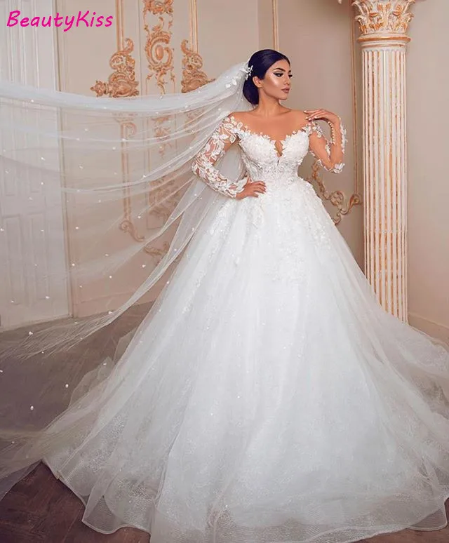 Vestido de boda romántico moderno, vestidos de novia Gorgeous de manga larga con apliques de encaje, vestidos de novia de tul transparentes, tamaño personalizado